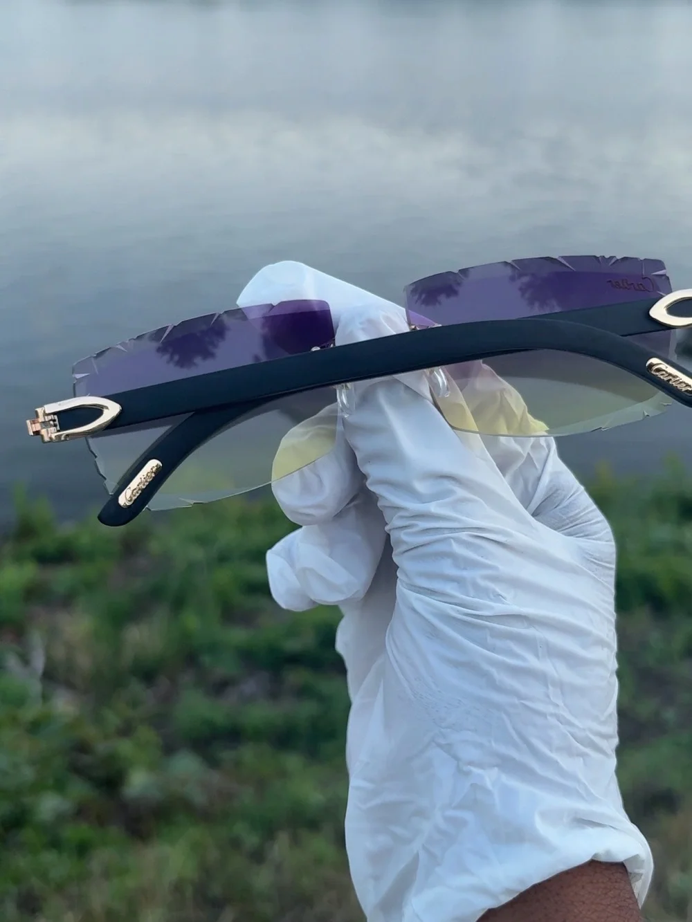 Cartier Purple to Yellow Gradient Rimless Sunglasses with Gold Accents